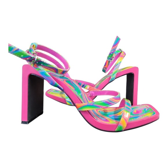 Bamboo Heels Swirl Print Open Toe Block Ankle Strap Sz 7.5 Party Shoes Used - Picture 3 of 13
